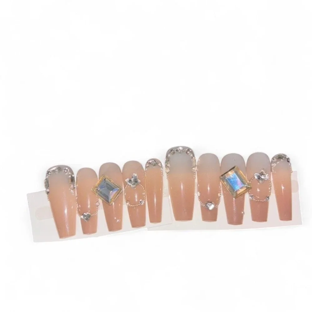 Luxury nude ombré press on nails with silver rhinestone detailing